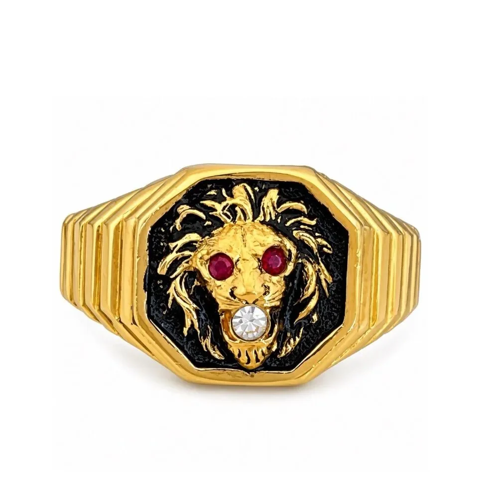 Vintage 1970s Ring Size 13 Clark Coombs Lions Head Crystal Eyes Gold Plate - 14P